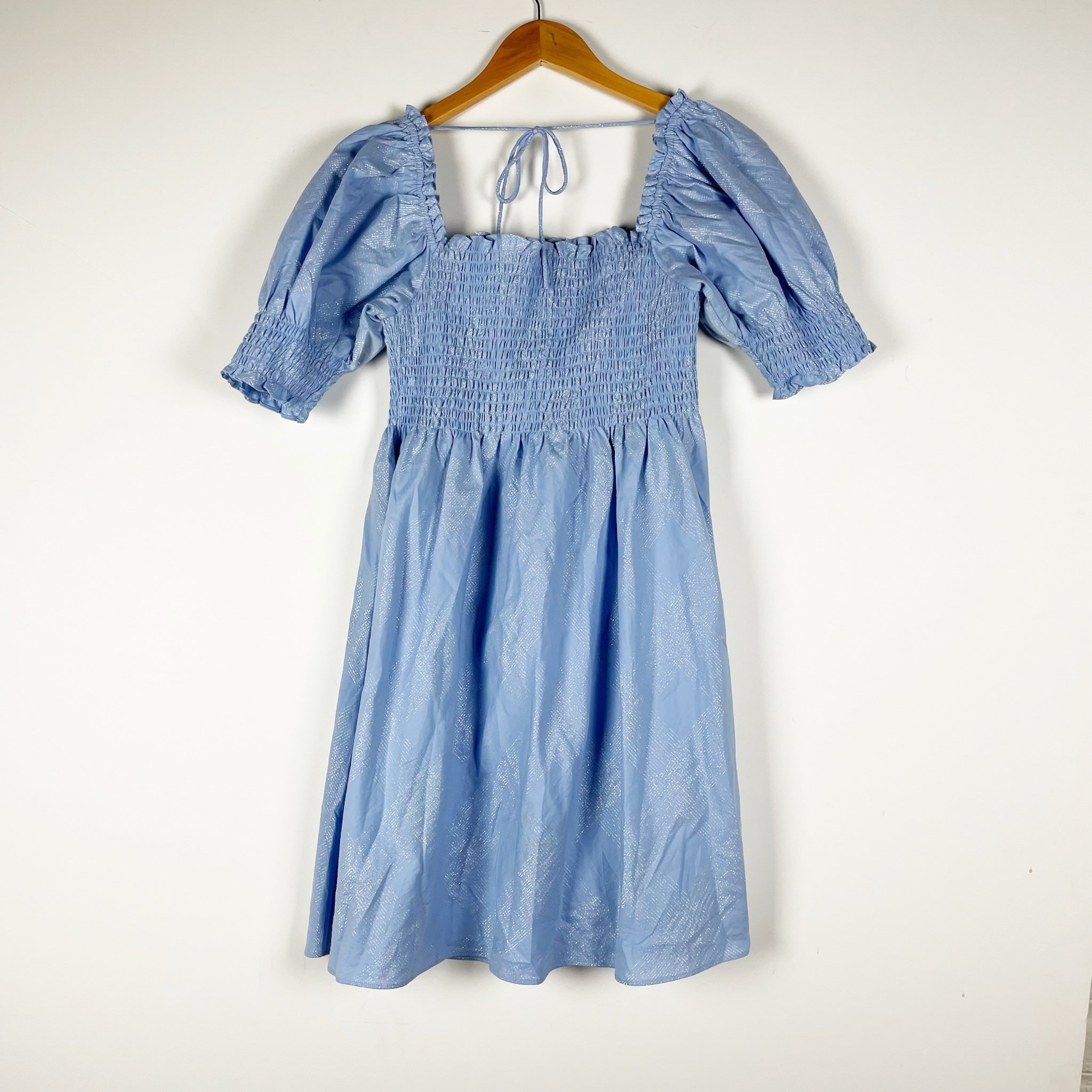 Hill House Home The Lila Mini Nap Dress Light Blue Glitter Sparkle Check Small