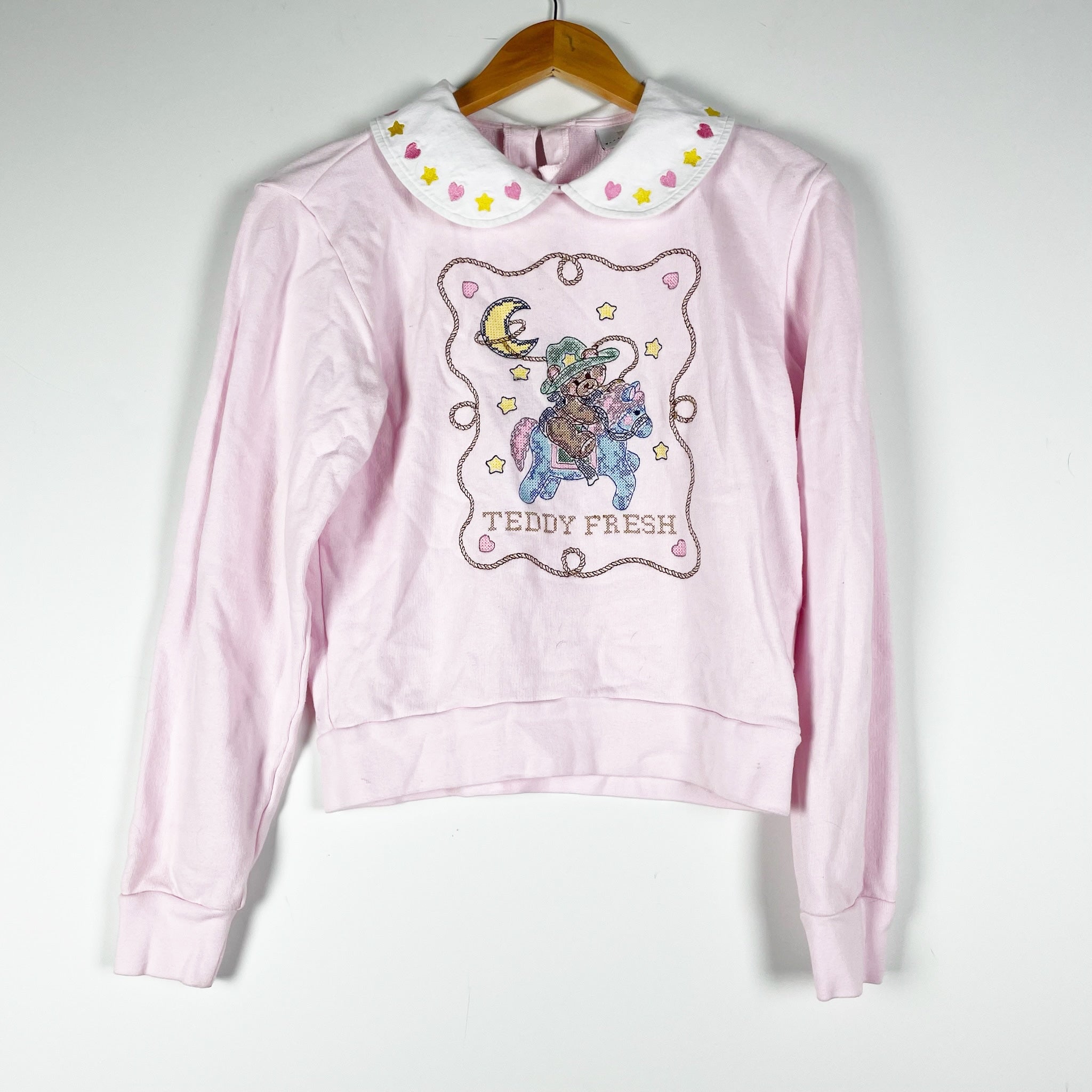 Teddy Fresh Vintage Cross Stitch Collared Bear Graphic Print Embroidered Sweater