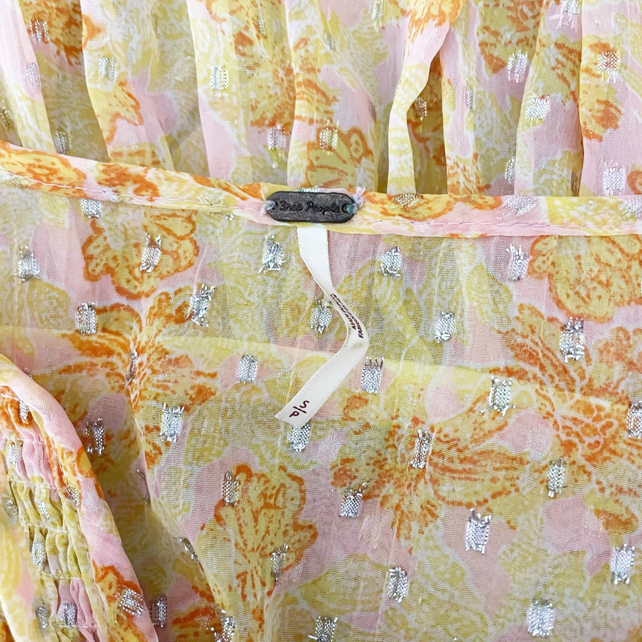 Free People Free Swinging Tiered Chiffon Pullover Mini Dress Yellow Combo Gold S