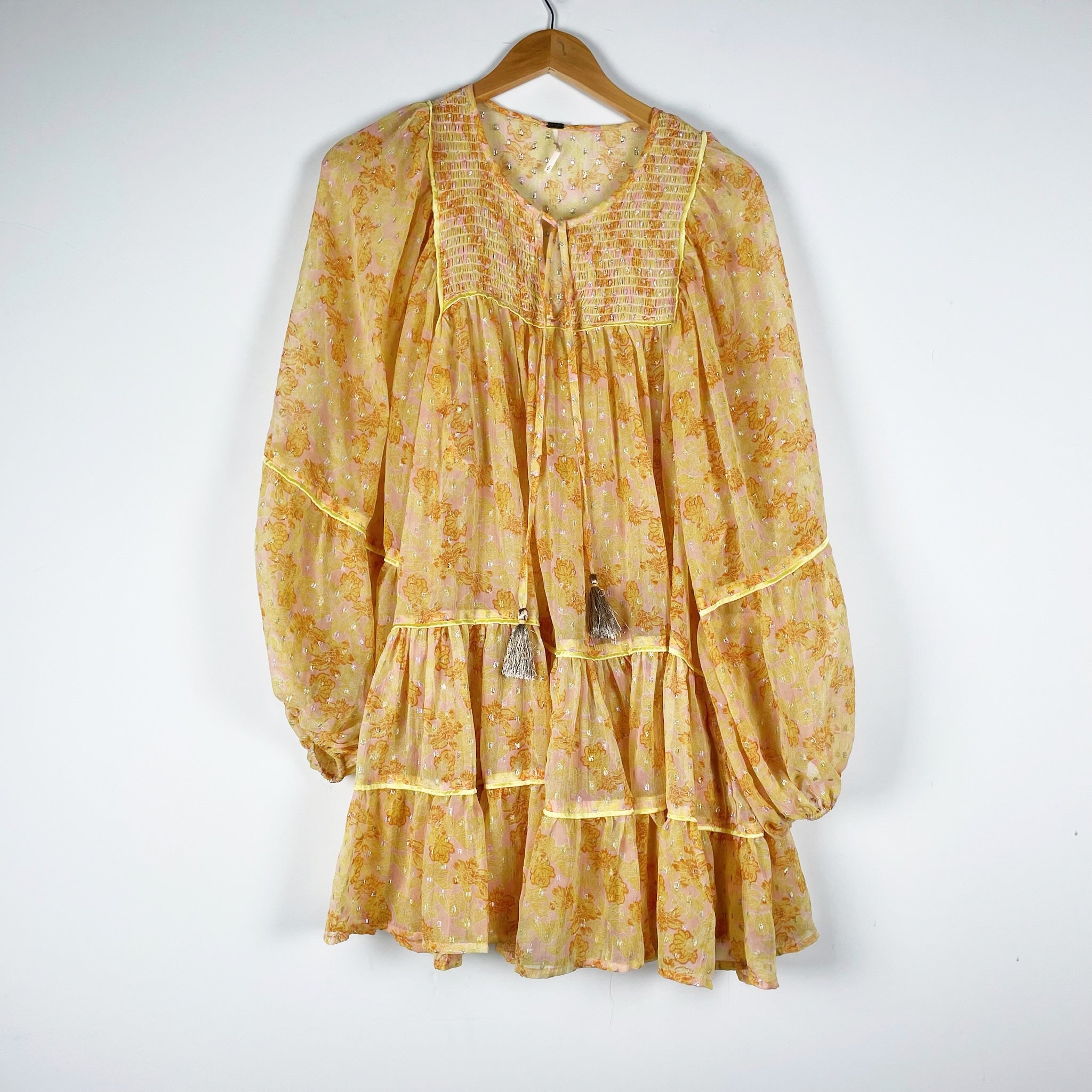 Free People Free Swinging Tiered Chiffon Pullover Mini Dress Yellow Combo Gold S