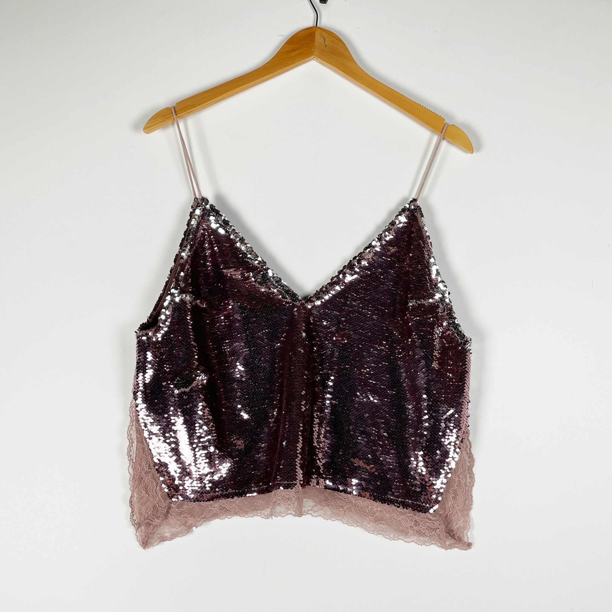 Free People Intimately Sequin Sparkle Embellished Lace Trim Camisole Tank Top S