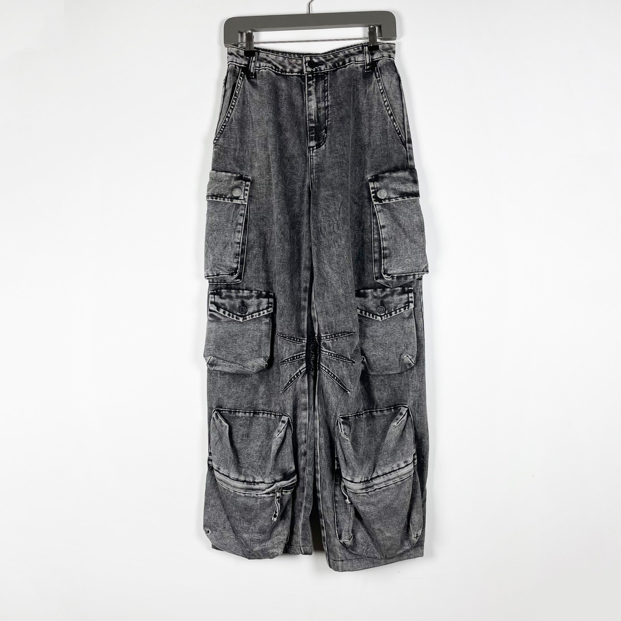 AFRM Parker Wide Leg Cotton Cargo Baggy Multi Pocket Jeans Pants Black Acid Wash