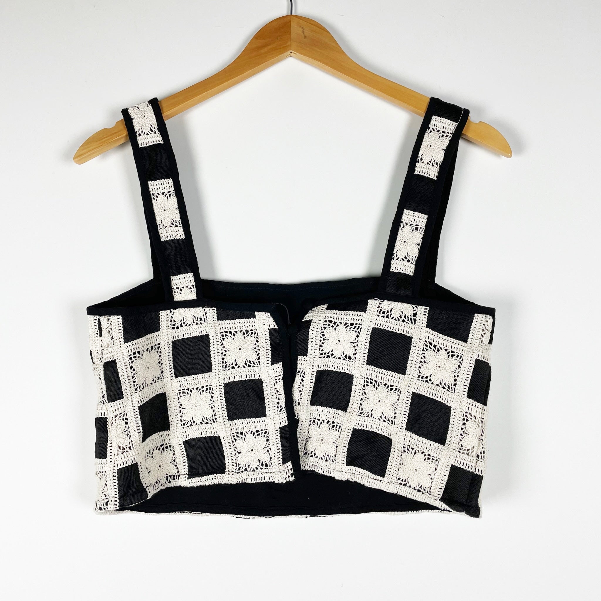 Tularosa Anna Black Ivory Cotton Crochet Knit Gingham Check Crop Tank Top Small