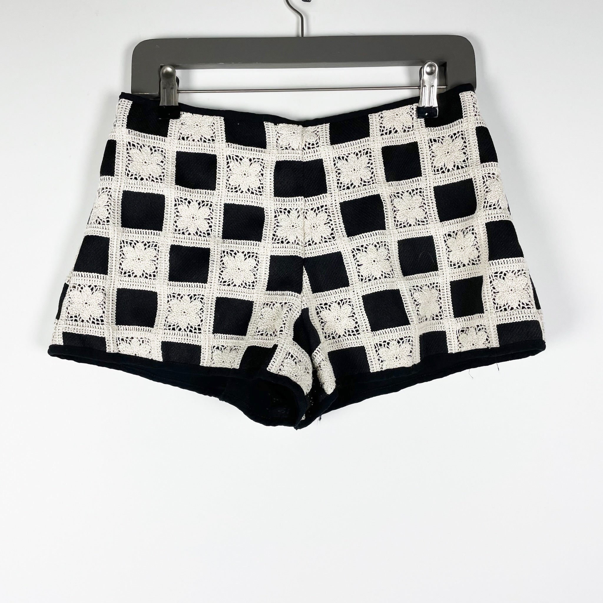 Tularosa Anna Black Ivory Cotton Crochet Knit Gingham Check Mid Rise Mini Shorts