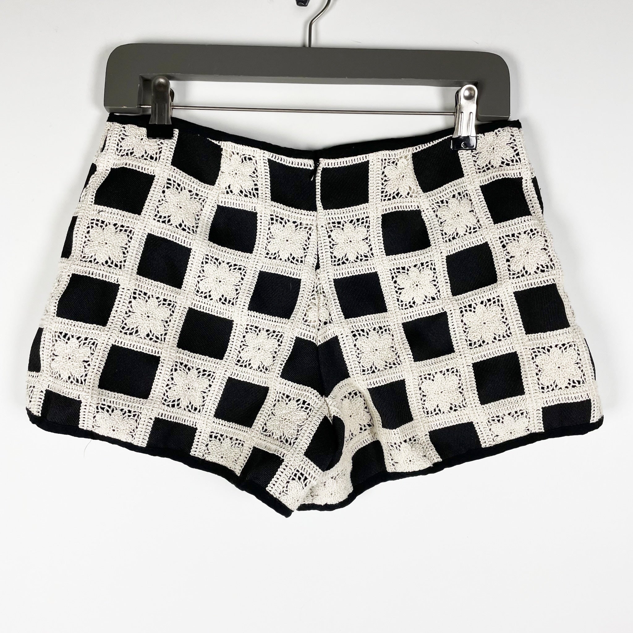 Tularosa Anna Black Ivory Cotton Crochet Knit Gingham Check Mid Rise Mini Shorts