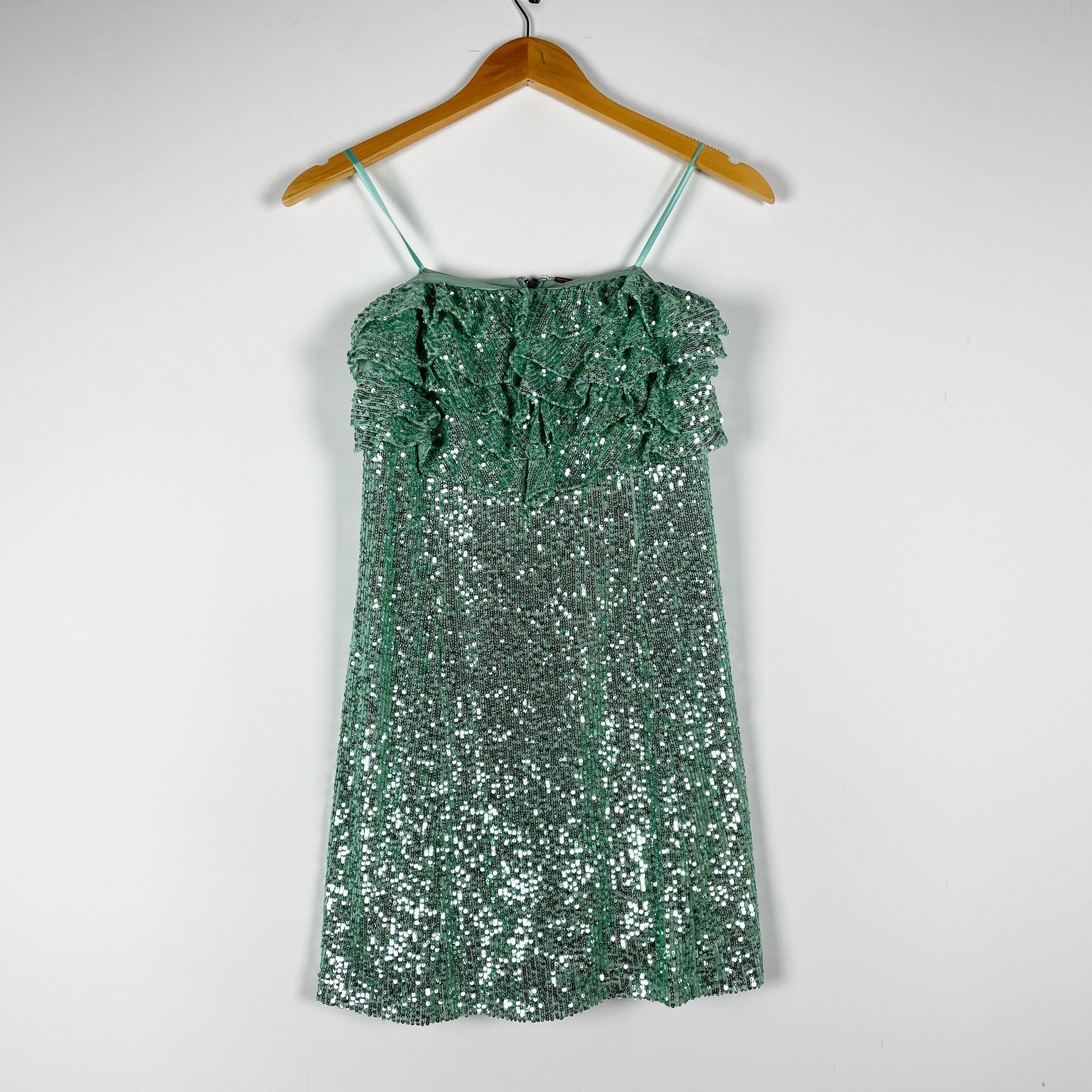 Free People Frida Sequin Sparkle Embellished Ruffle Strapless Mini Dress Seafoam