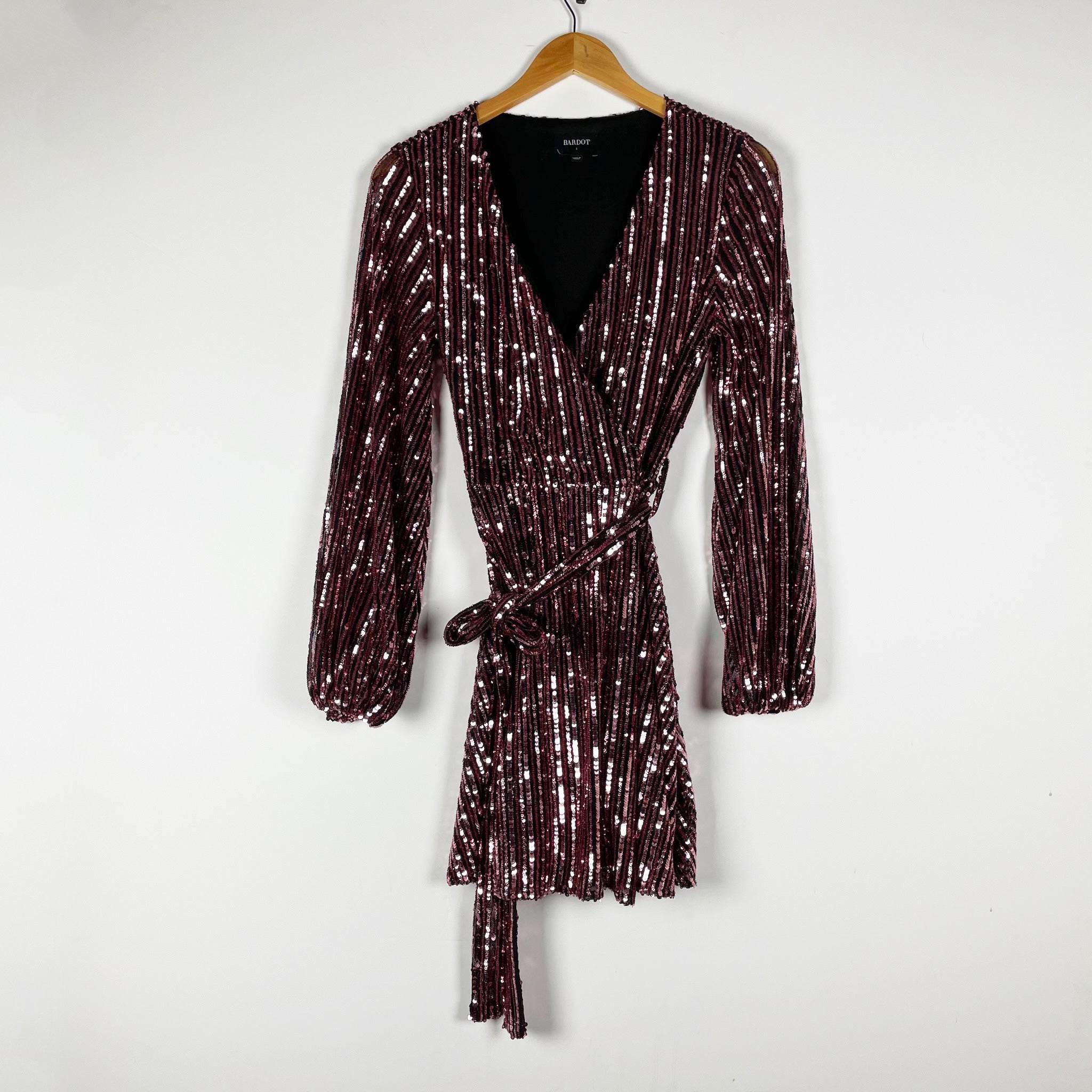 Bardot Bellissa Sequin Sparkle Embellished Faux Wrap Belted Mini Dress Pink S