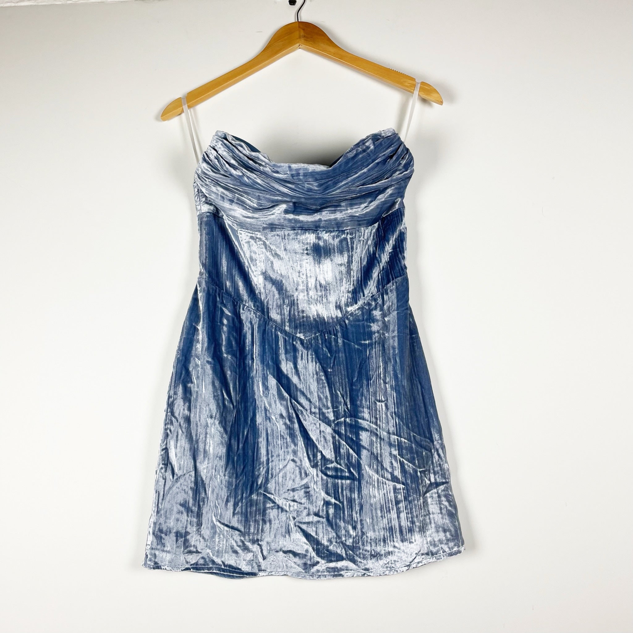 House of Harlow 1960 Balley Crushed Velvet Velour Strapless Mini Dress Blue S