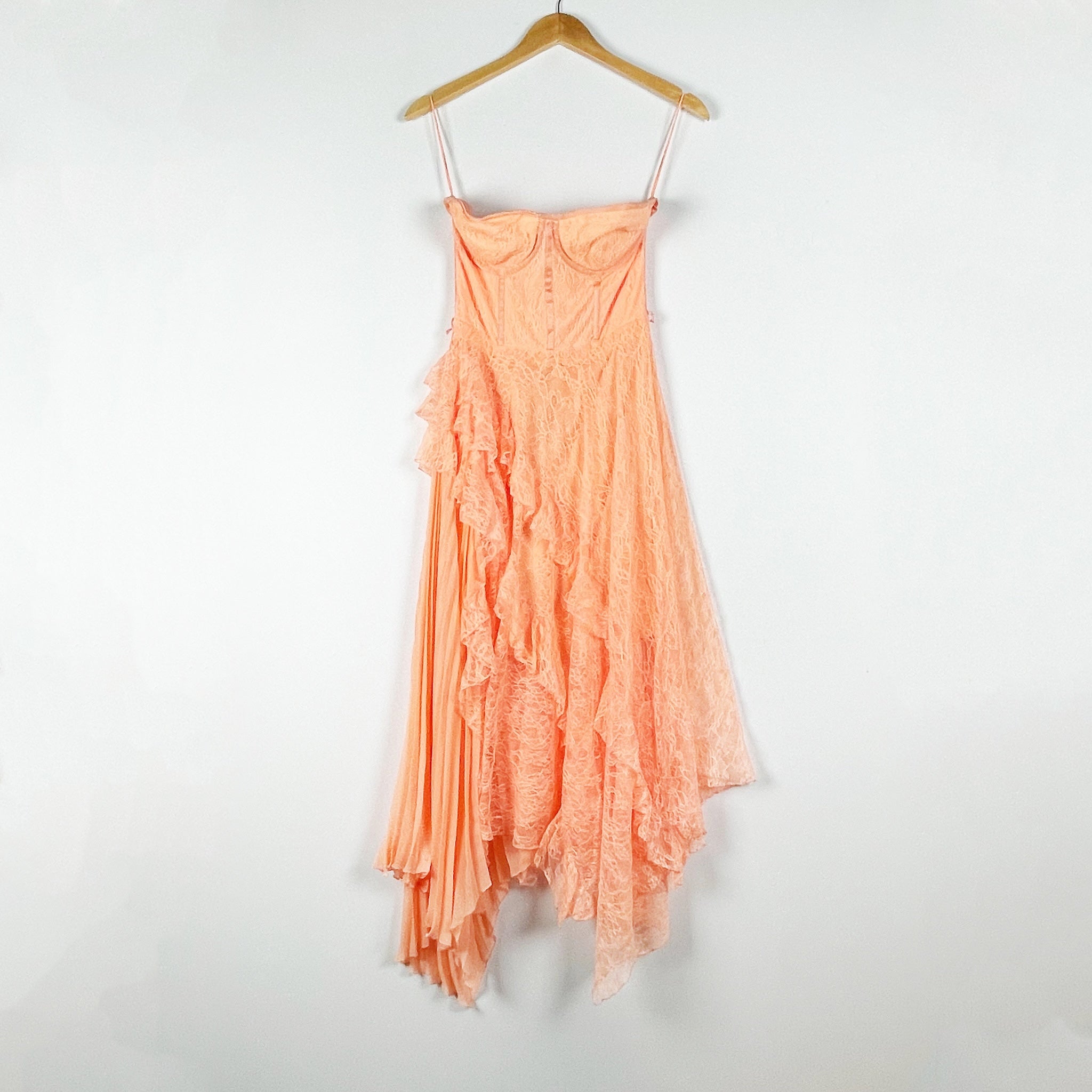 Alice + Olivia Bree Ruffle Lace Handkerchief Asymmetrical Hem Midi Dress Orange