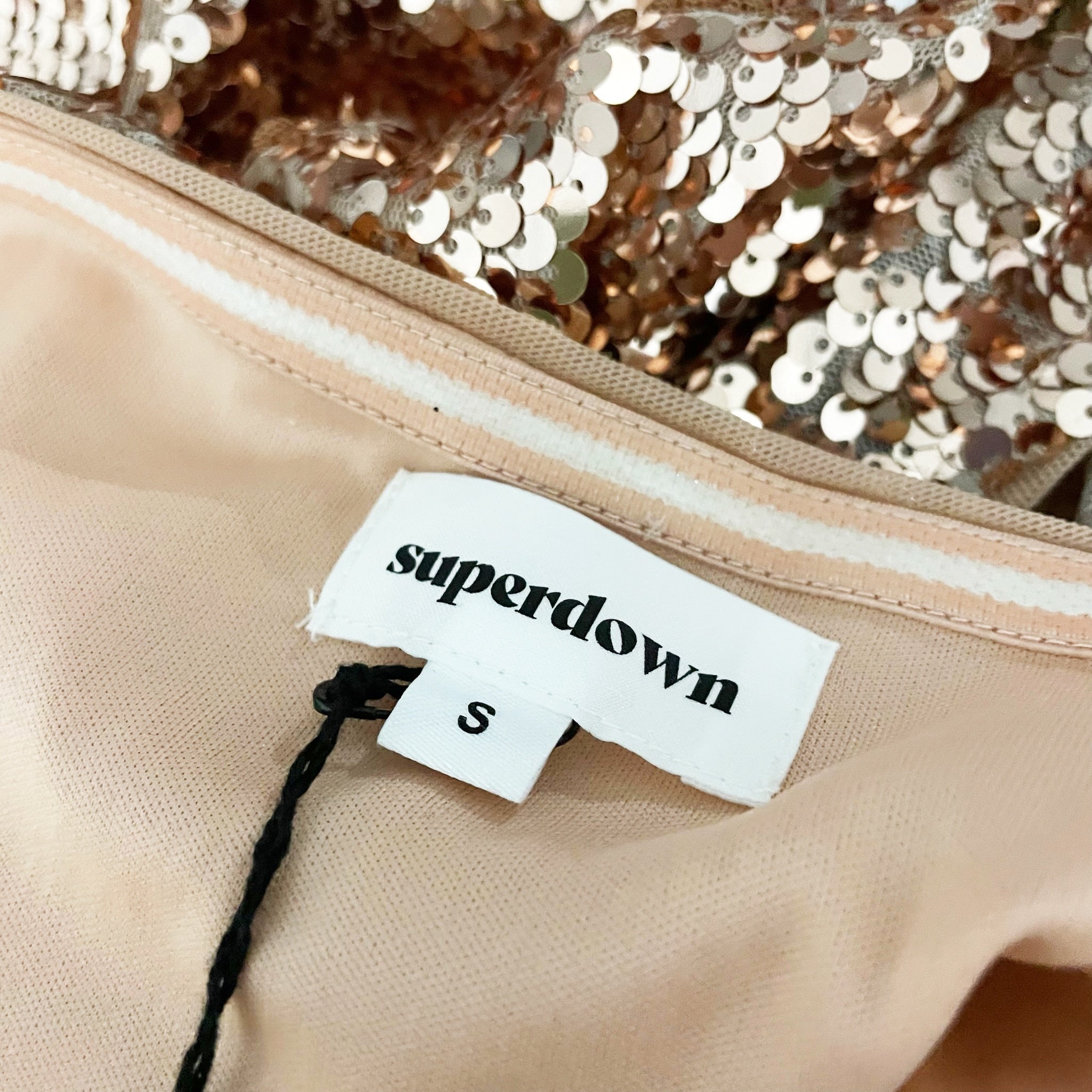 NEW Superdown Jane Asymmetrical Sequin Sparkle Embellished Mini Dress Rose Gold