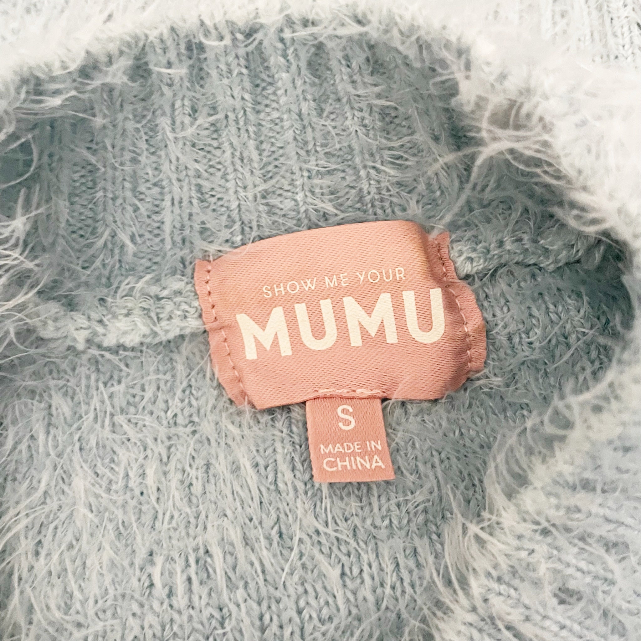 Show Me Your Mumu Vienna Fuzzy Knit Stretch Crew Neck Pullover Sweater Blue S