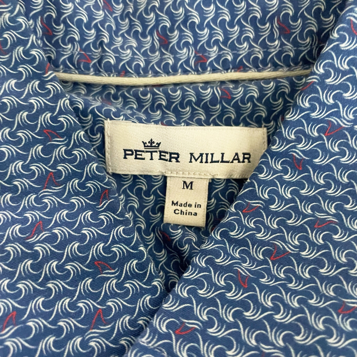 Peter Millar Cotton Stretch Collared Short Sleeve Button Down Shirt Shark Wave M