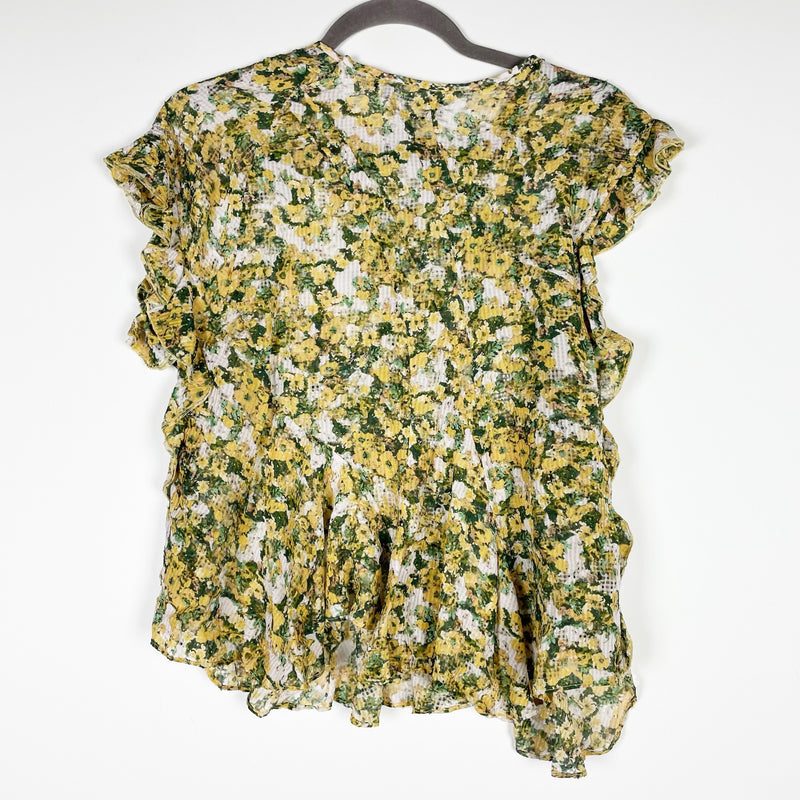 Isabel Marant Fliren Floral Print Flutter Sleeve Assymetrical Silk Blouse Top