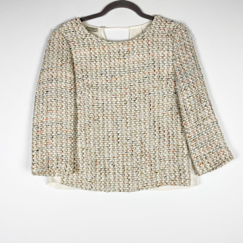 By Malene Birger Cotton Boucle Tweed Woven Silk Chiffon Long Sleeve Sweater Top