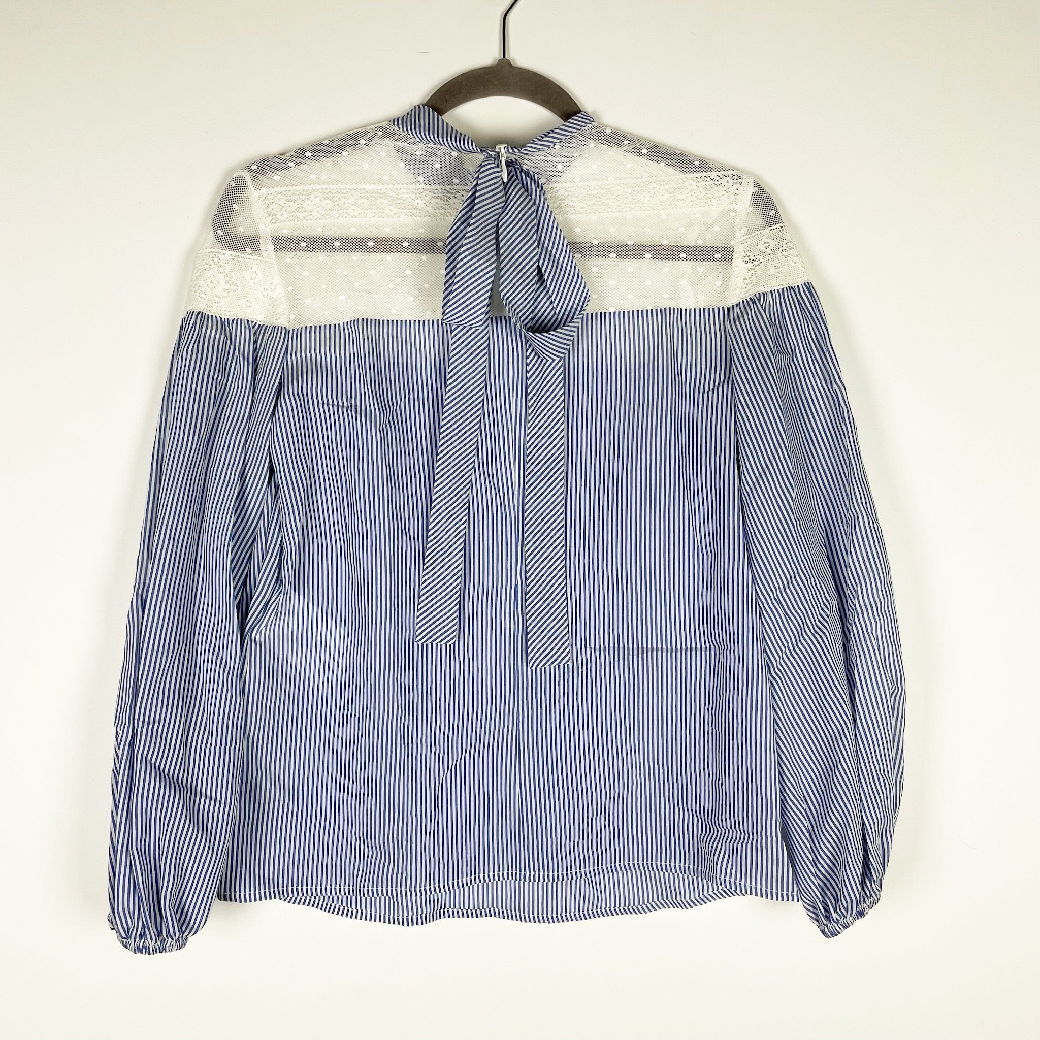 Red Valentino Cotton Silk Blue White Pinstripe Lace Mesh Panel Long Sleeve Shirt