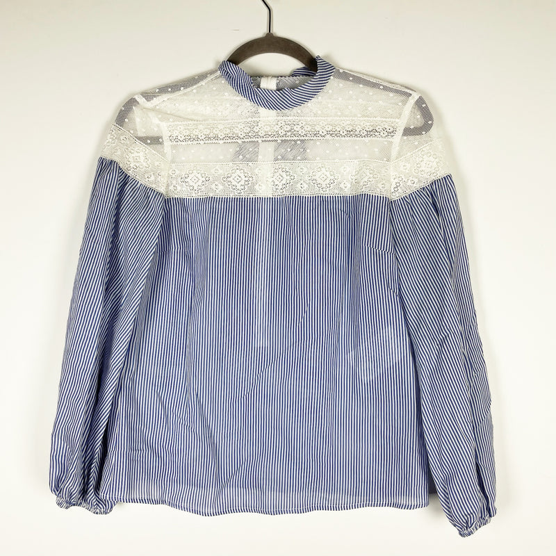 Red Valentino Cotton Silk Blue White Pinstripe Lace Mesh Panel Long Sleeve Shirt