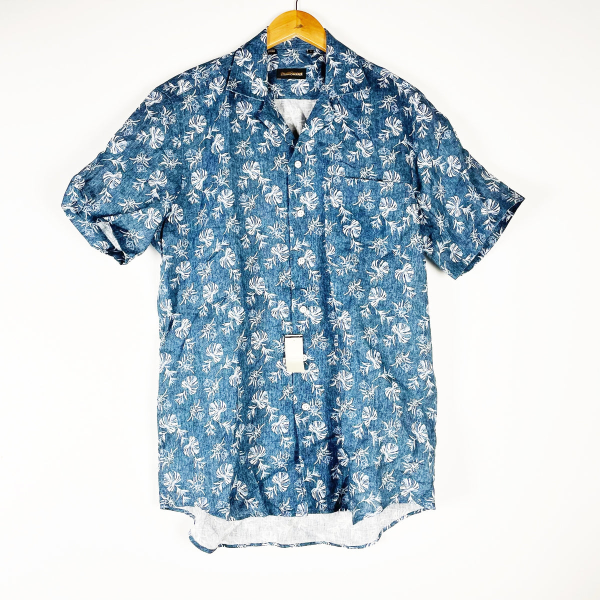NEW Paul Stuart Men's Linen Short Sleeve Collared Button Down Shirt Blue Print M