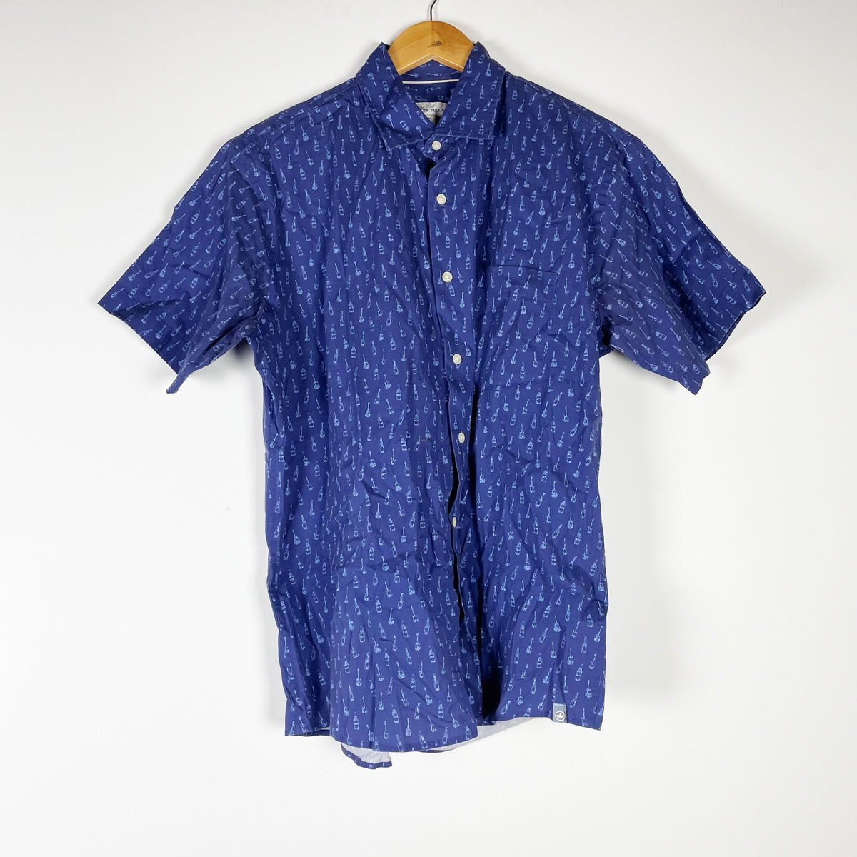 Peter Millar Men's Cotton Stretch Collared Button Down Shirt Guitar Print Blue M