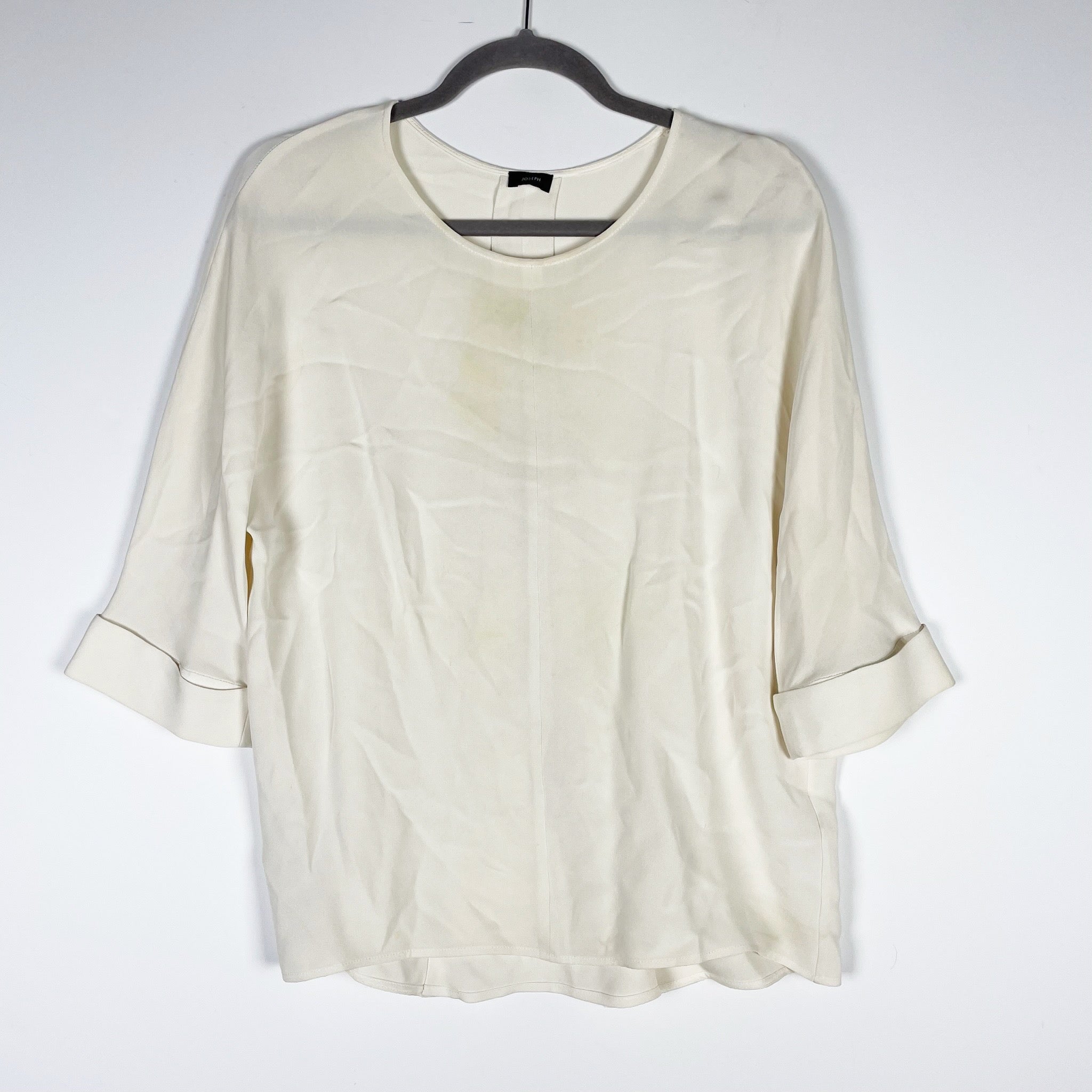 Joseph Matte Silk Chiffon Half Rolled Sleeve Scoop Neck Blouse Shirt White S