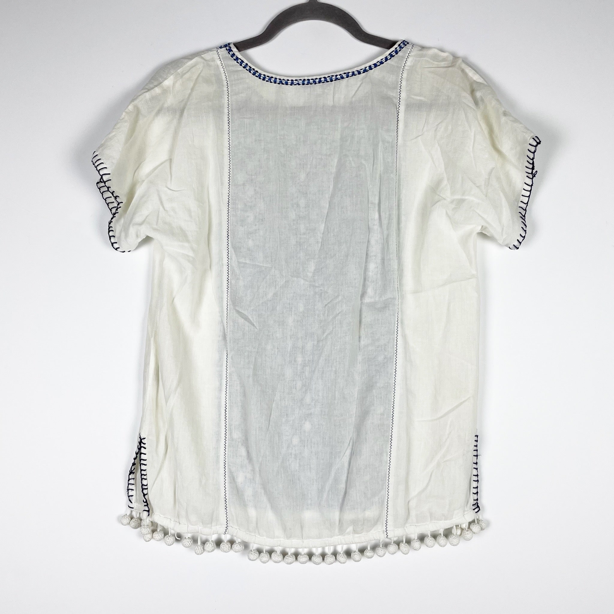 Madewell Cotton Embroidered Overlap Print Pattern Pom Pom Tassel Blouse Shirt XS