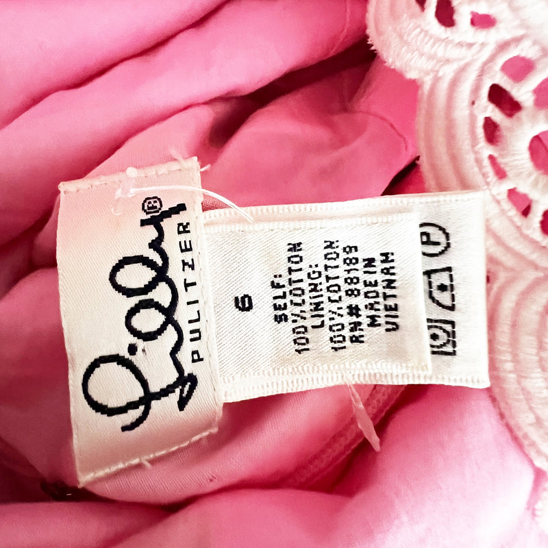Lilly Pulitzer Vintage White Label Cotton Eyelet Lace Trim Mini Pink Green Dress