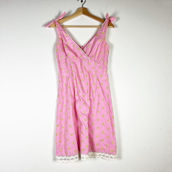 Lilly Pulitzer Vintage White Label Cotton Eyelet Lace Trim Mini Pink Green Dress