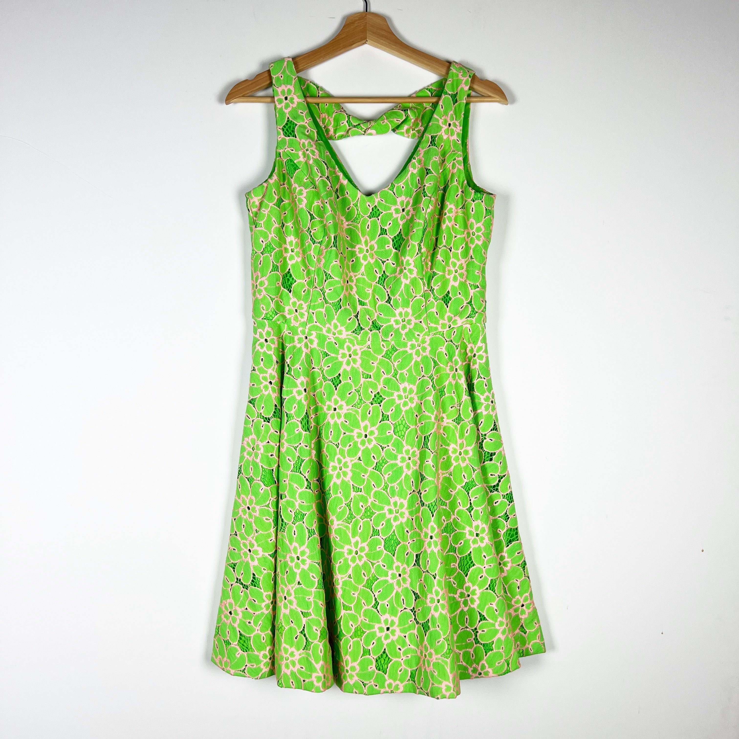 Lilly Pulitzer Freja Cotton Green Pink Pique Floral Flower Lace Fit Flare Dress