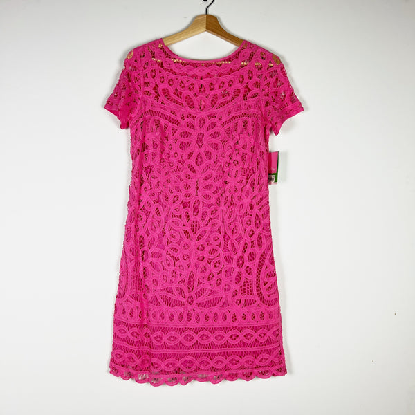 NEW Lilly Pulitzer Mariekate Cotton Crochet Lace Dress Go To Batt Hotty Pink M