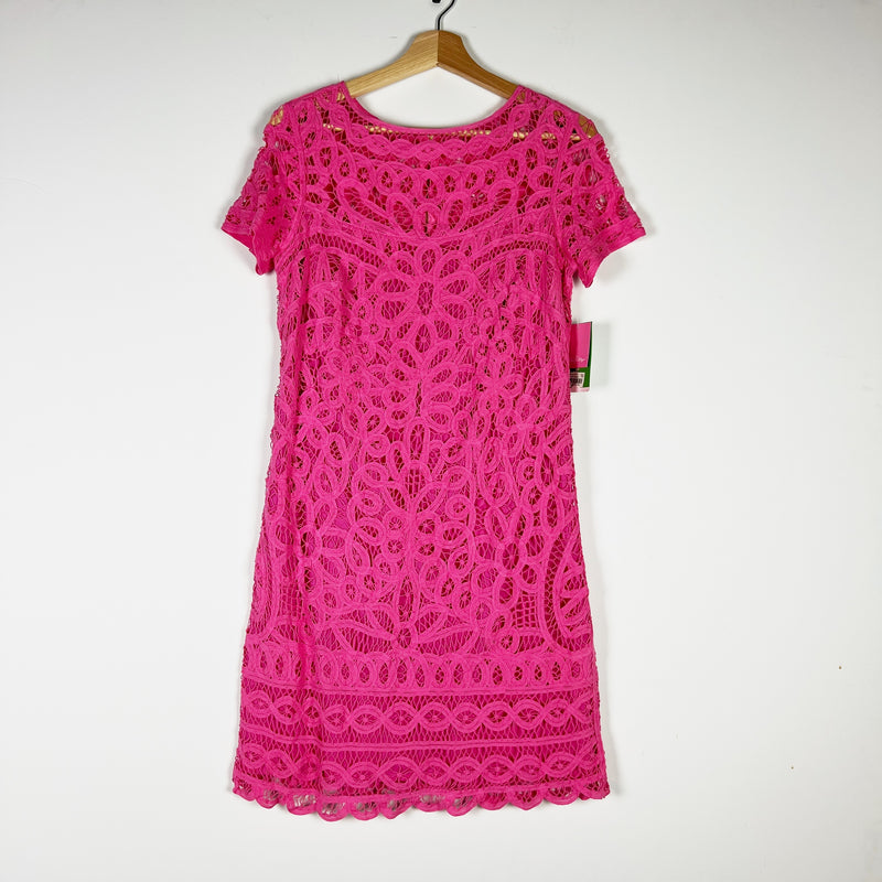 NEW Lilly Pulitzer Mariekate Cotton Crochet Lace Dress Go To Batt Hotty Pink M
