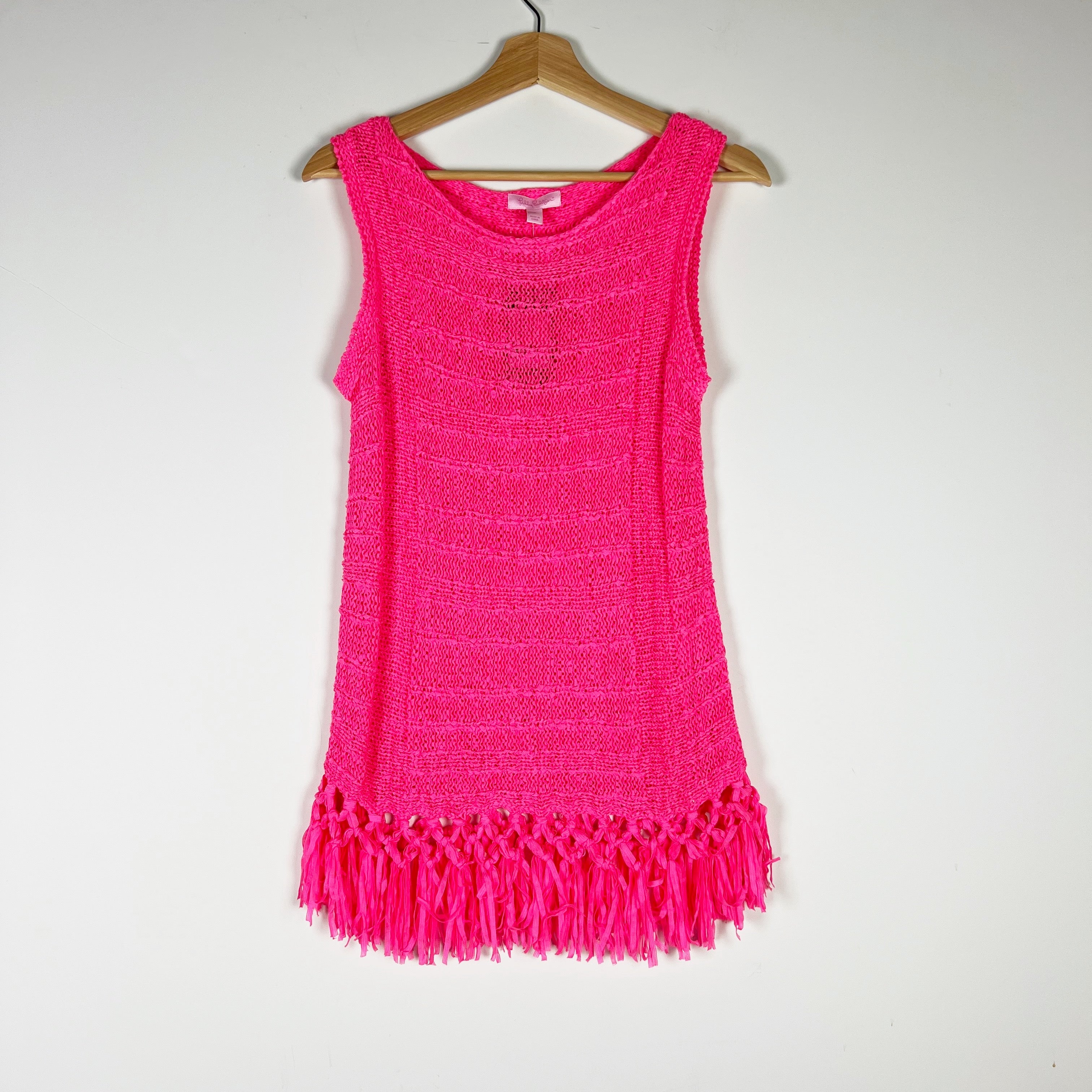 NEW Lilly Pulitzer Luca Crochet Knit Stretch Tassel Fringe Tiki Pink Tank Top S