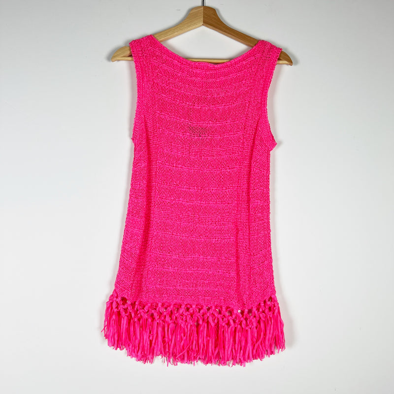 NEW Lilly Pulitzer Luca Crochet Knit Stretch Tassel Fringe Tiki Pink Tank Top S