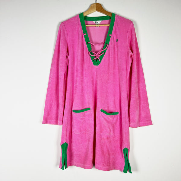 Lilly Pulitzer Vintage White Label Cotton Terry Lace Up Tunic Dress Coverup Pink