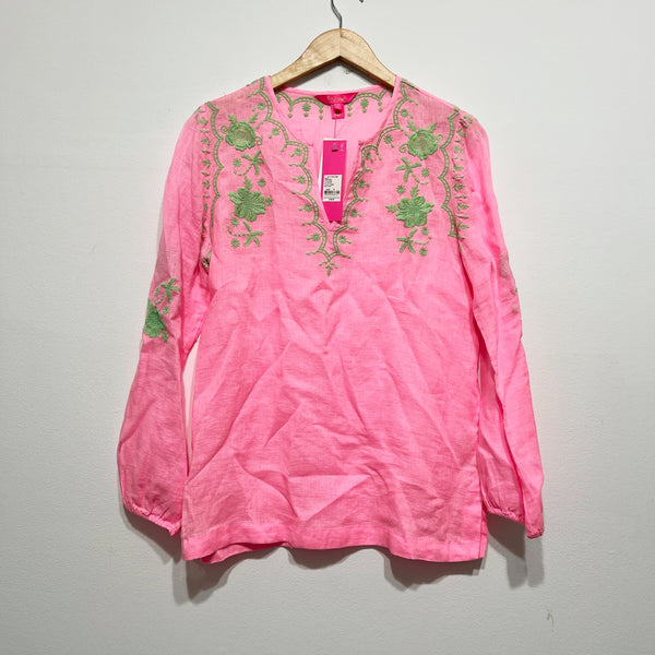 NEW Lilly Pulitzer Coby Linen Lightweight Woven Tunic Blouse Pink Shady Green M