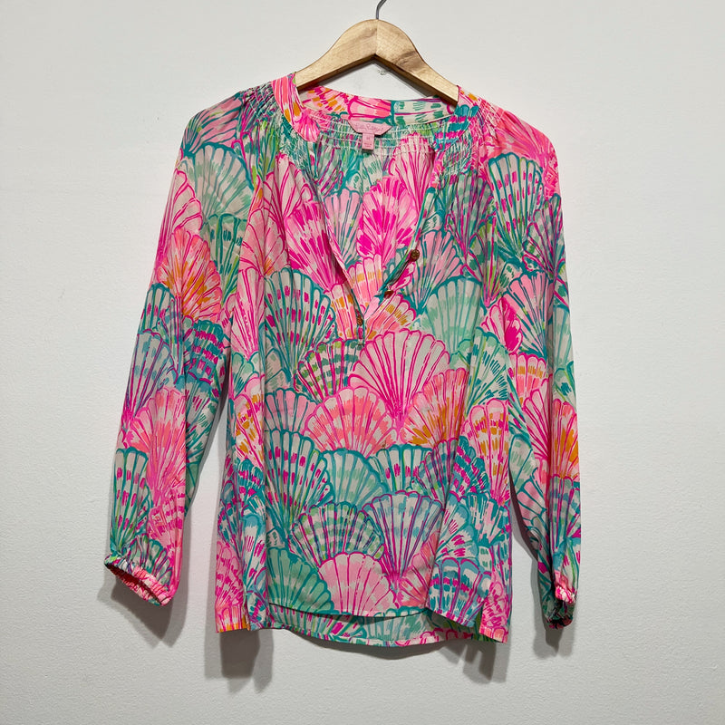 Lilly Pulitzer Women's Elsa Silk Chiffon Pullover Blouse Multi Oh Shello Print