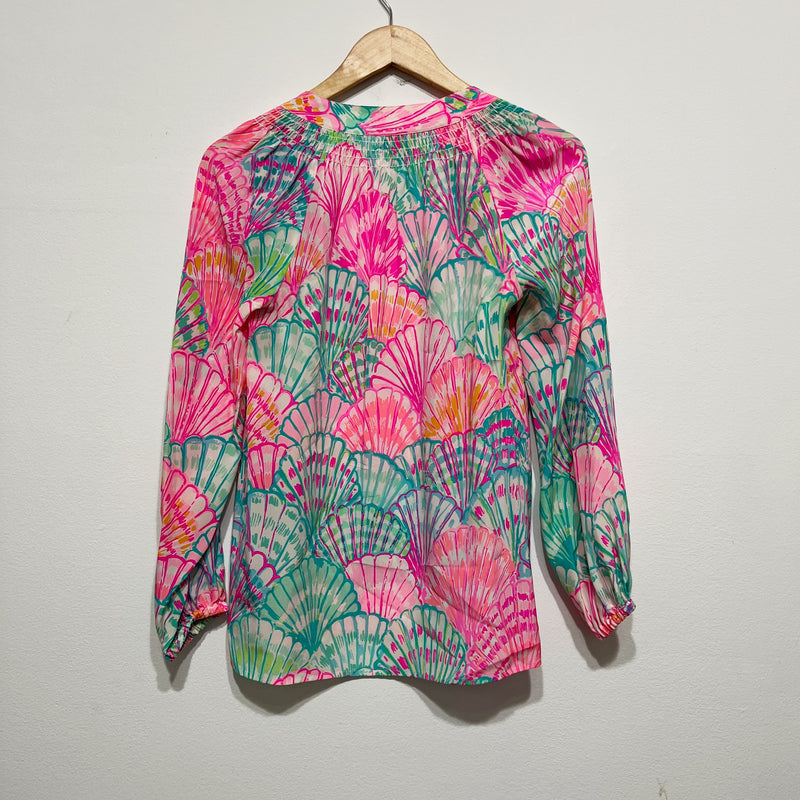 Lilly Pulitzer Women's Elsa Silk Chiffon Pullover Blouse Multi Oh Shello Print