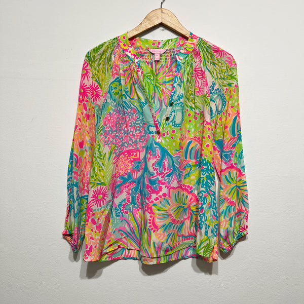 Lilly Pulitzer Women's Elsa Silk Chiffon Pullover Blouse Lovers Coral Print XS