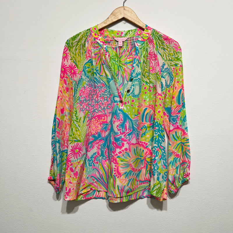 Lilly Pulitzer Women's Elsa Silk Chiffon Pullover Blouse Lovers Coral Print XS