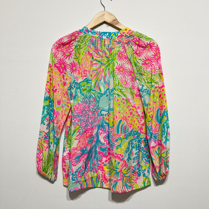 Lilly Pulitzer Women's Elsa Silk Chiffon Pullover Blouse Lovers Coral Print XS