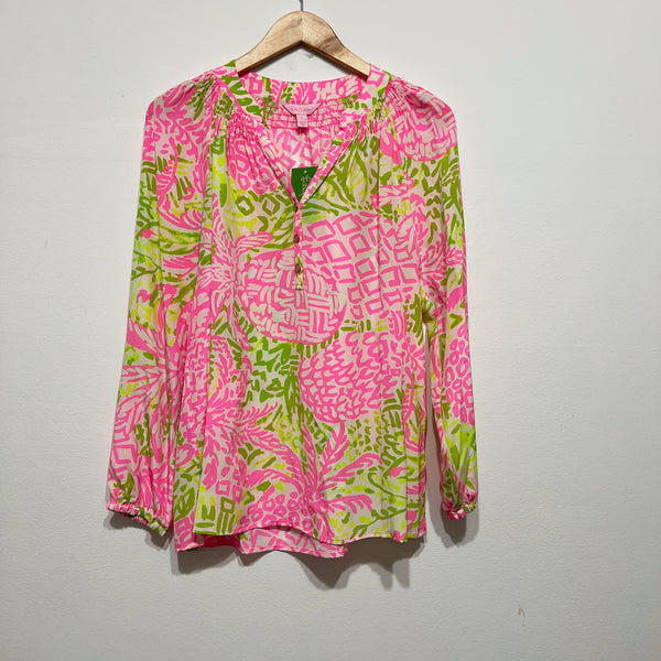 Lilly Pulitzer Women's Elsa Silk Chiffon Pullover Blouse Pink Sunset Home Slice