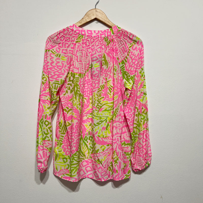 Lilly Pulitzer Women's Elsa Silk Chiffon Pullover Blouse Pink Sunset Home Slice