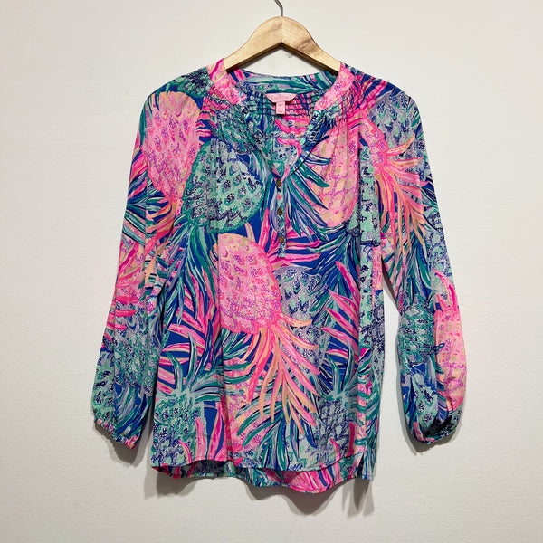 Lilly Pulitzer Women's Elsa Silk Chiffon Pullover Blouse Gypset Paradise Pattern