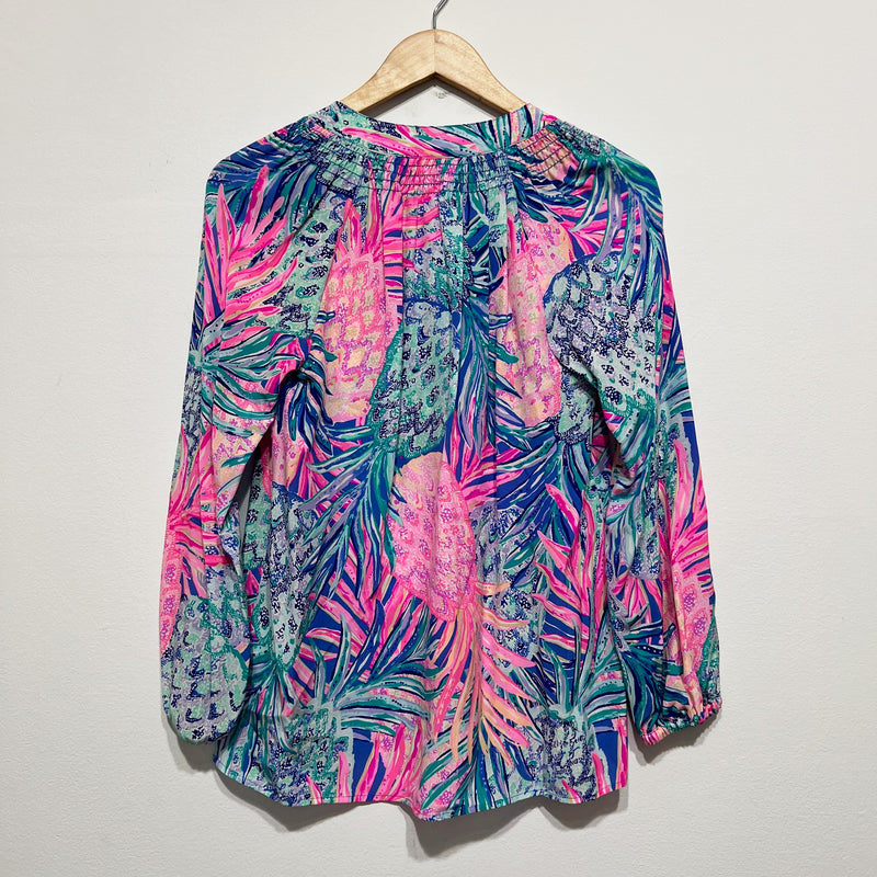 Lilly Pulitzer Women's Elsa Silk Chiffon Pullover Blouse Gypset Paradise Pattern