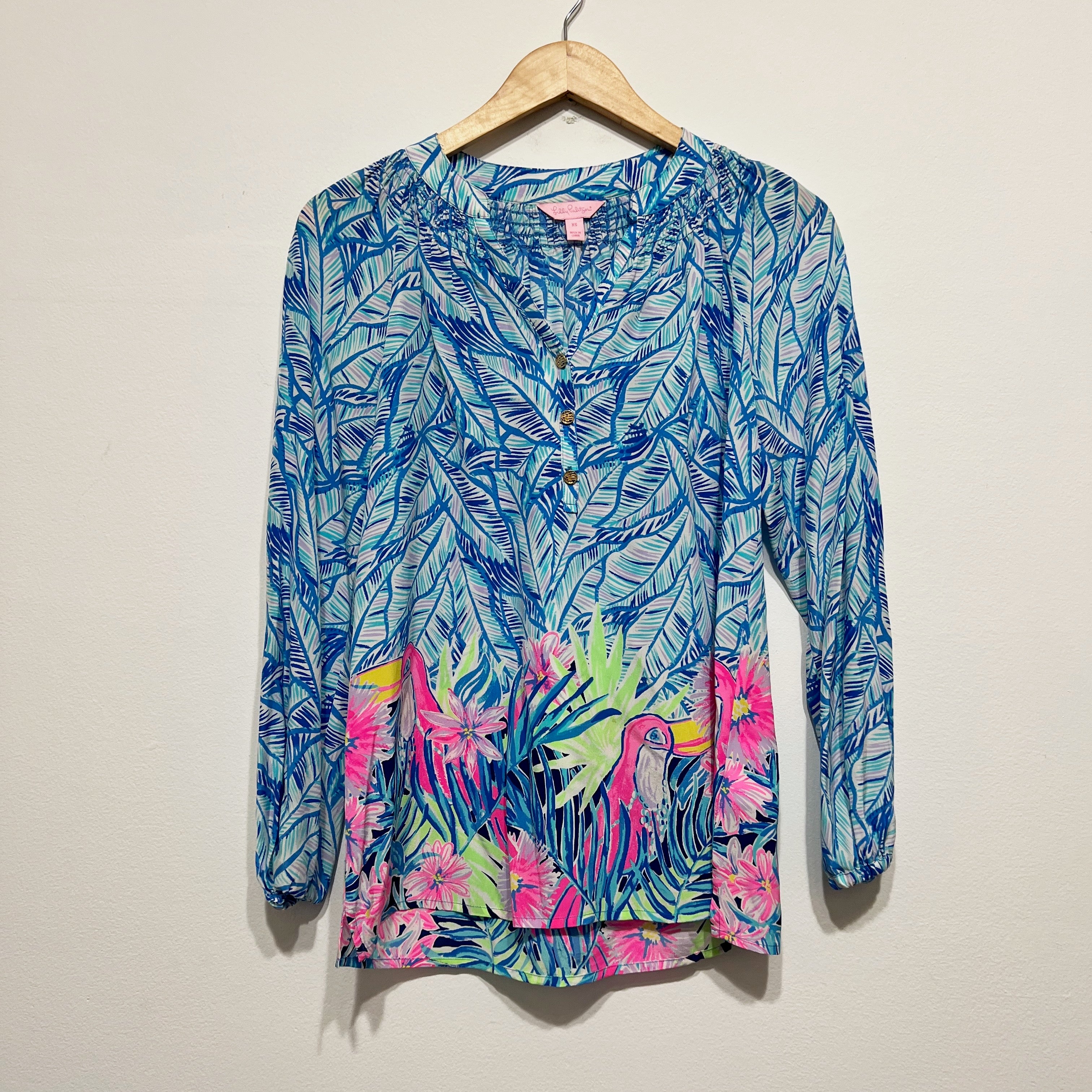 Lilly Pulitzer Women's Elsa Silk Chiffon Pullover Blouse Let’s Mango Pattern XS
