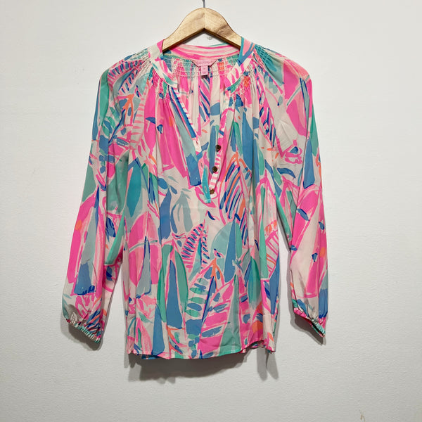 Lilly Pulitzer Women's Elsa Silk Chiffon Pullover Blouse Out To Sea Sailboat XS