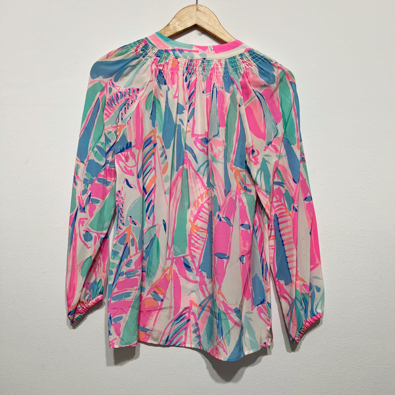 Lilly Pulitzer Women's Elsa Silk Chiffon Pullover Blouse Out To Sea Sailboat XS