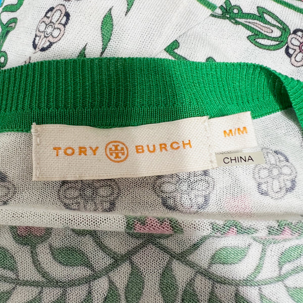 Tory Burch Greenfield Mixed Print Cotton Knit Cardigan Sweater White Green M