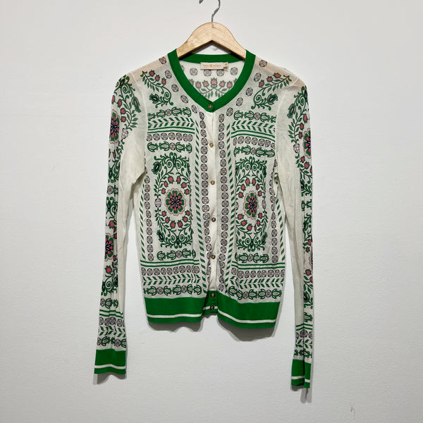 Tory Burch Greenfield Mixed Print Cotton Knit Cardigan Sweater White Green M