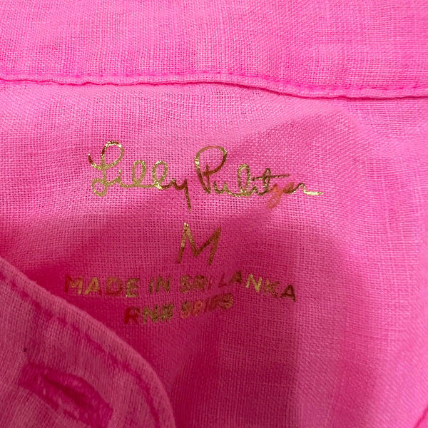 NEW Lilly Pulitzer Briette Ruffled Sleeve Linen Button-Front Shirt In Pink Isle