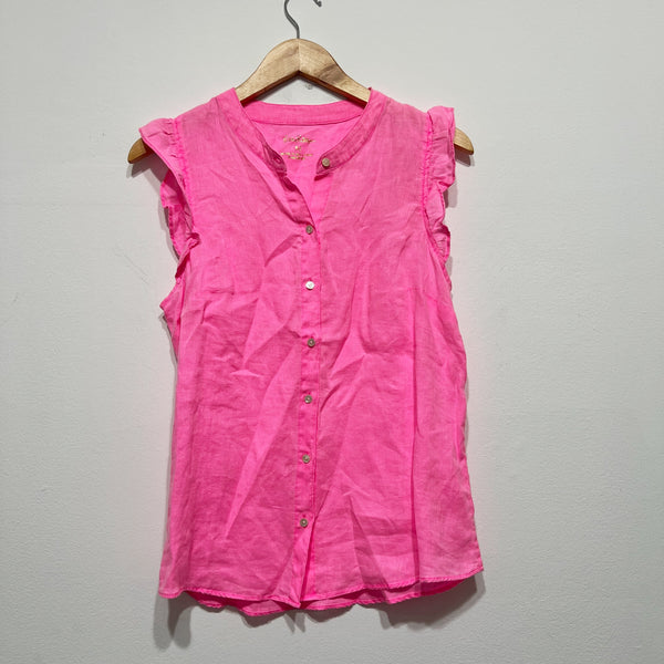 NEW Lilly Pulitzer Briette Ruffled Sleeve Linen Button-Front Shirt In Pink Isle