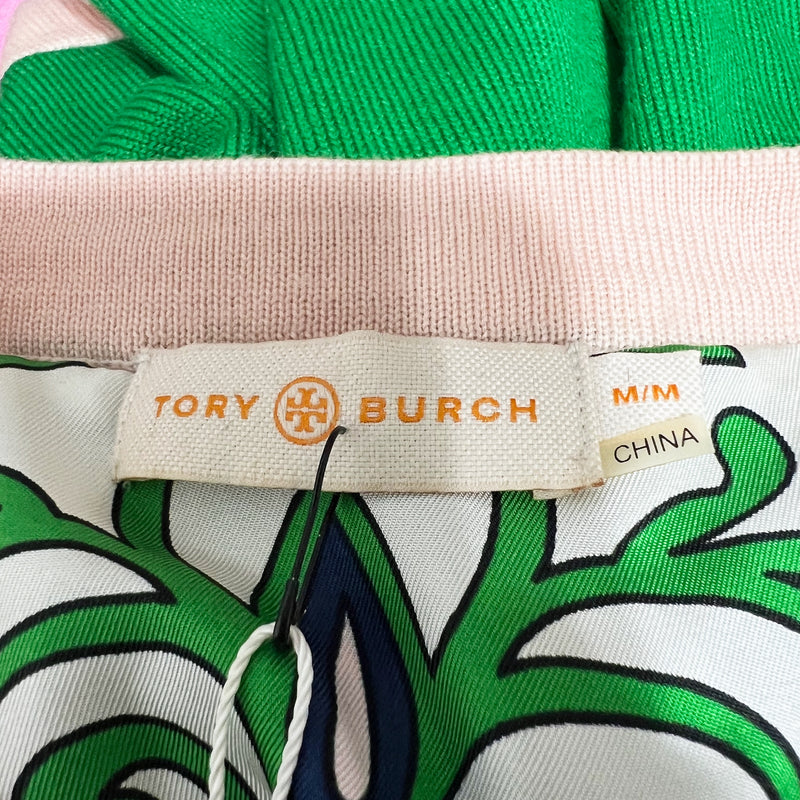 NEW Tory Burch Kendra Wool Knit Silk Court Green Garden Pink Pearl Cardigan M